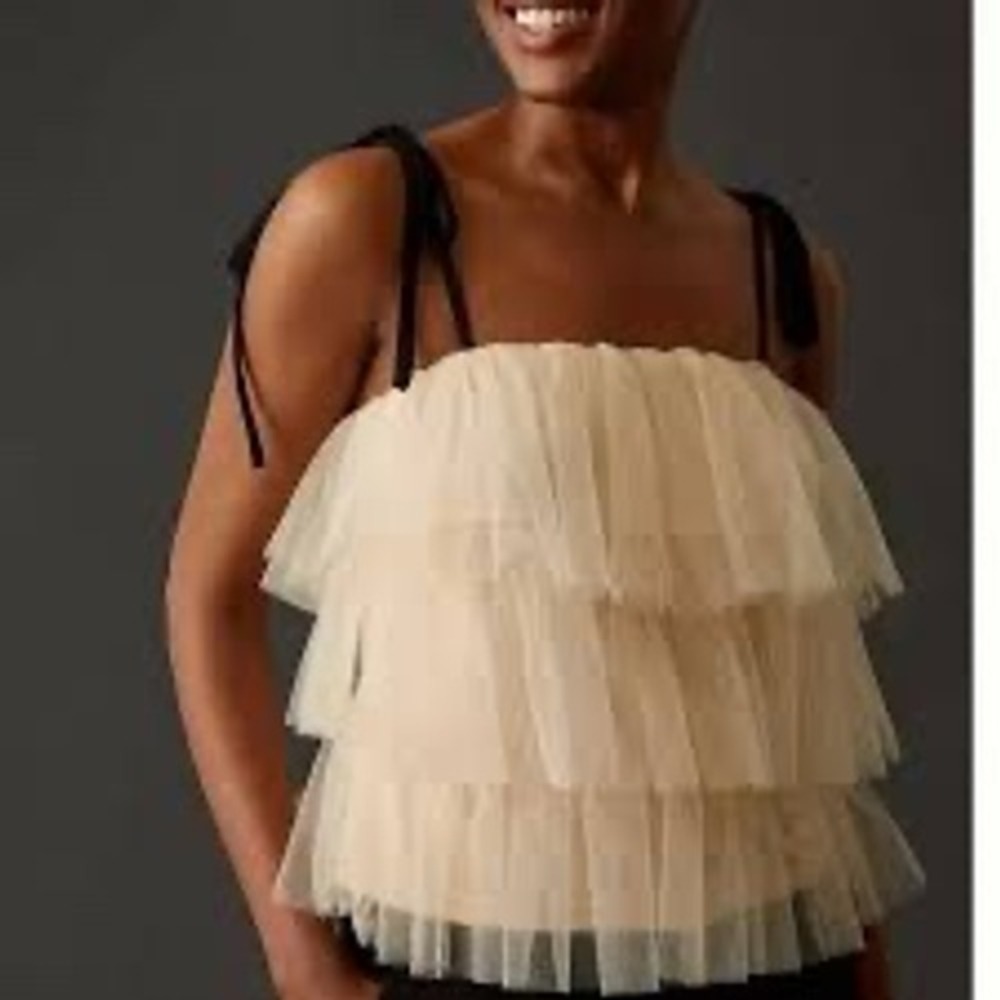 Sunday in Brooklyn Cream Tiered Tulle Camisole with Black Tie Straps